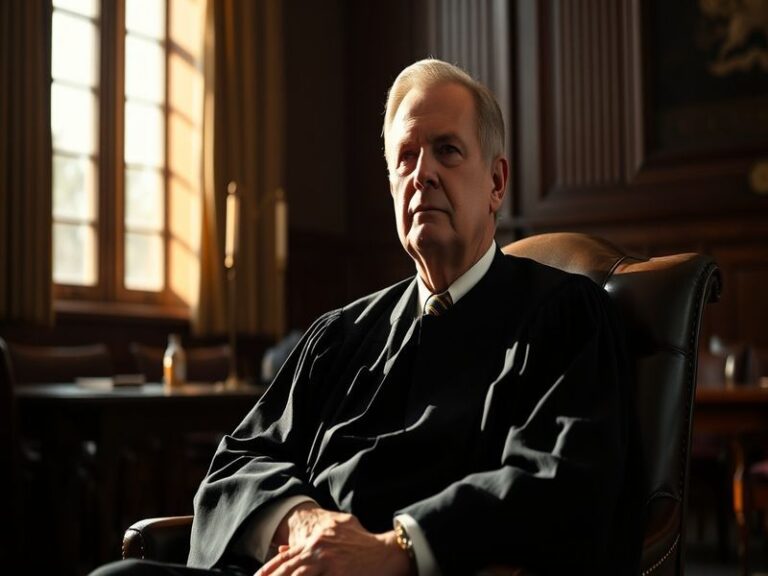 Portrait of Supreme Court Justice Samuel Alito in his judicial robe, seated in a courtroom with the American flag and Supreme