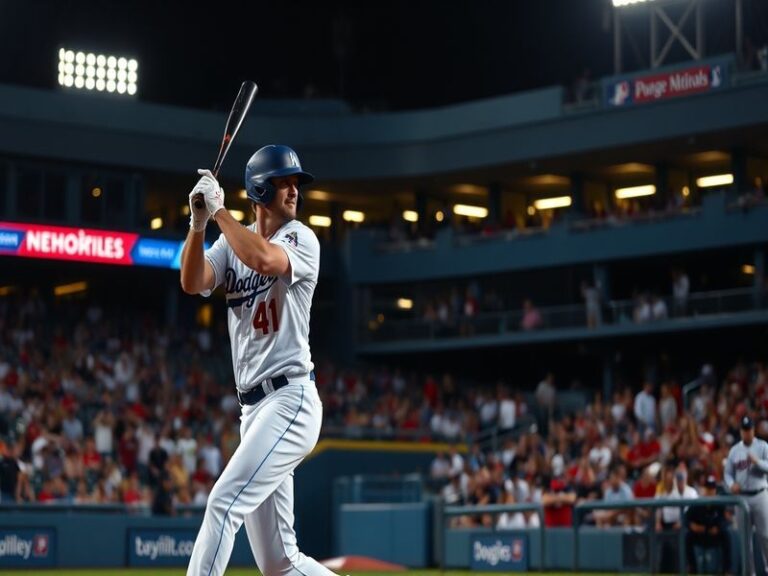 A split-screen image of Dodger Stadium and Nationals Park during a game, with fans in the stands wearing team colors. The sce