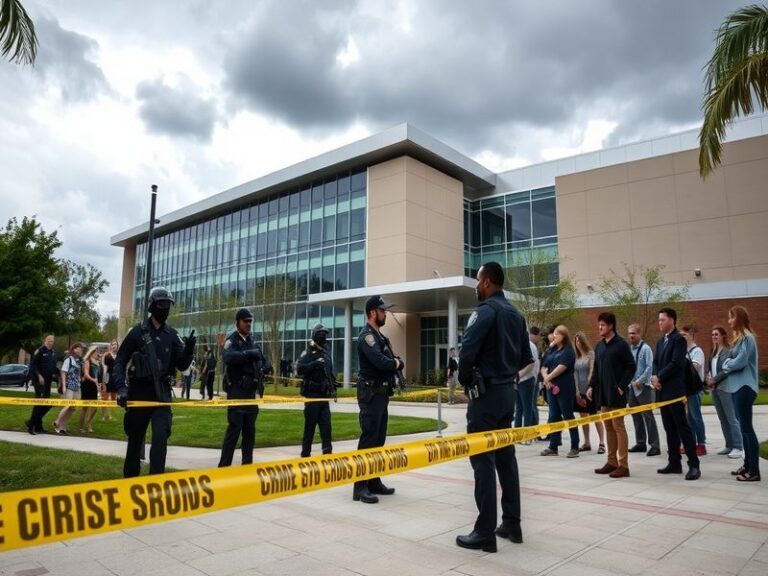 A wide-angle shot of the USF Tampa campus during an evacuation, showing students and faculty walking away from buildings unde