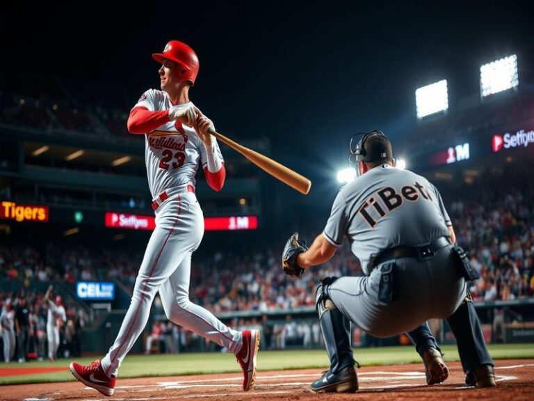A split-image scene: left side shows a Cardinals pitcher in mid-windup with Busch Stadium in the background, right side shows