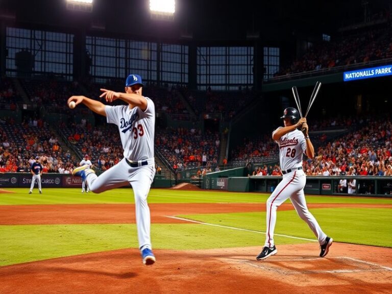 A split-screen image showing Max Scherzer pitching for the Nationals and Cody Bellinger batting for the Dodgers during a tens