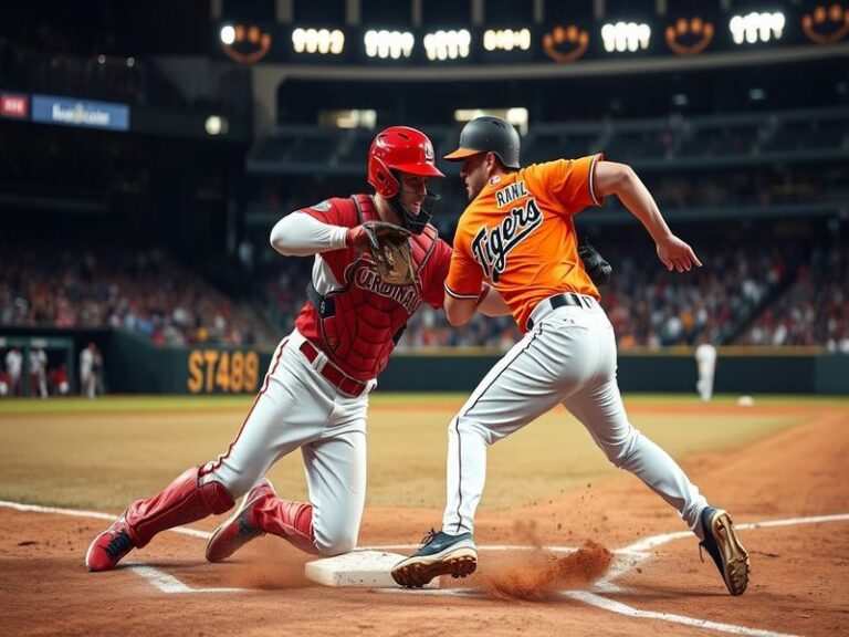 A dynamic baseball scene featuring the Cardinals and Tigers in a game at Busch Stadium, with players in action, fans in the s
