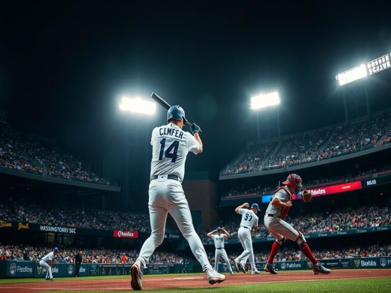 A split-screen image showing Mookie Betts in a Dodgers uniform on one side and Juan Soto in a Nationals uniform on the other,