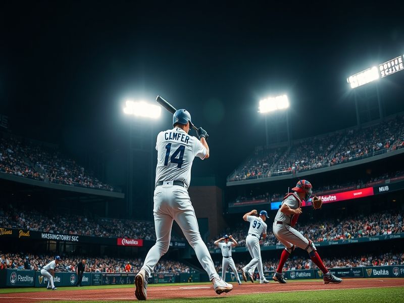 A split-screen image showing Mookie Betts in a Dodgers uniform on one side and Juan Soto in a Nationals uniform on the other,