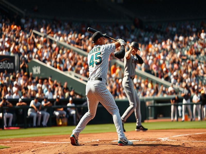 A split-screen image showing the Miami Marlins' teal and orange uniforms on the left and the New York Yankees' pinstripes on