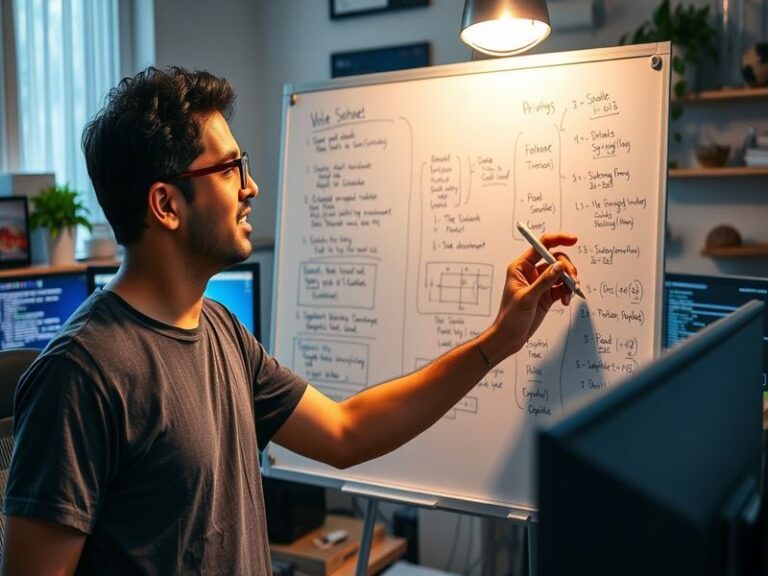 A professional headshot of Priyansh Arya speaking at a conference, with a laptop displaying code in the background. The setti