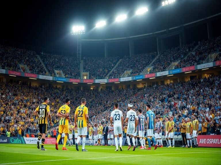 A vibrant stadium scene during an Al-Nassr vs. Al-Najma match, with fans in traditional and modern attire, players in action,