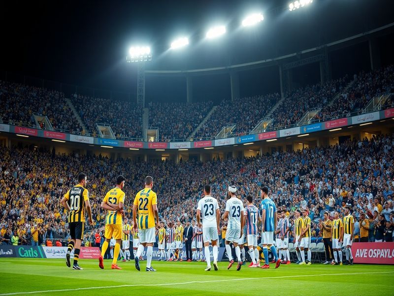 A vibrant stadium scene during an Al-Nassr vs. Al-Najma match, with fans in traditional and modern attire, players in action,