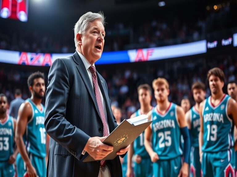 A dynamic action shot of Tommy Lloyd coaching during an Arizona Wildcats game, with the team in bright red uniforms, the aren