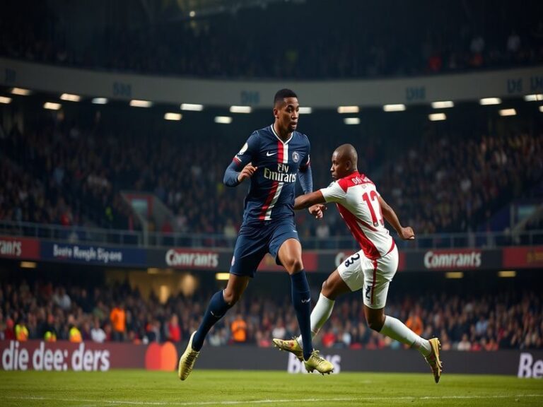 A vibrant shot of Parc des Princes packed with fans, PSG players celebrating a goal, and Toulouse players in defensive frustr