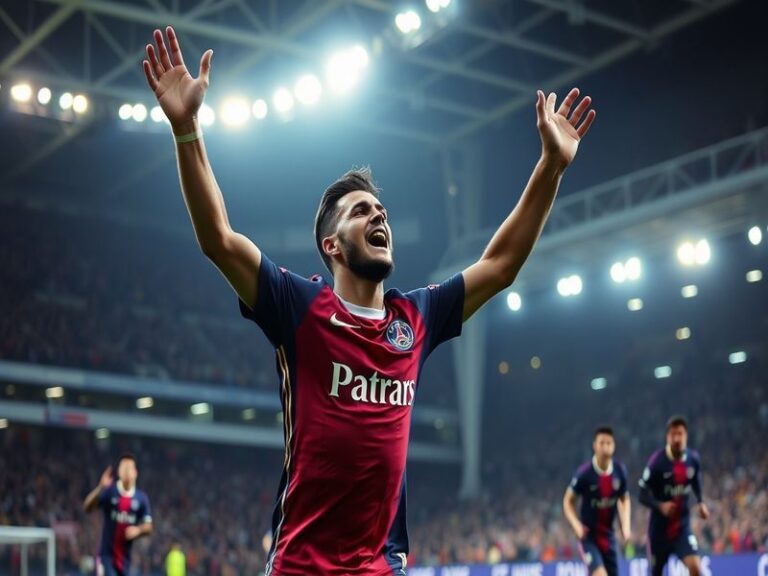 A dynamic action shot of PSG players in blue celebrating a goal against Toulouse in red, with the Parc des Princes stadium in
