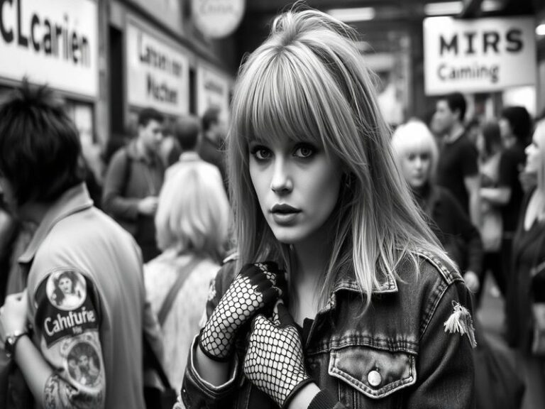 A split-image portrait of Patsy Kensit: on the left, dressed in 1980s pop fashion with bold makeup and a neon jacket; on the