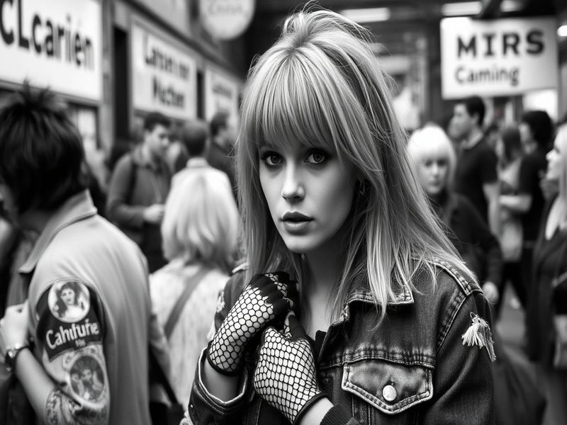 A split-image portrait of Patsy Kensit: on the left, dressed in 1980s pop fashion with bold makeup and a neon jacket; on the
