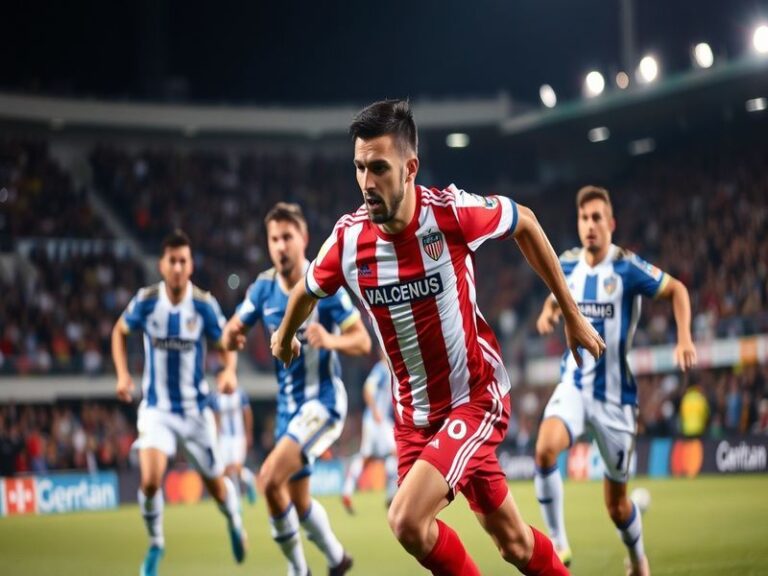 A packed Estadio de Vallecas with Rayo Vallecano players celebrating a goal, Elche players in blue and white looking dejected