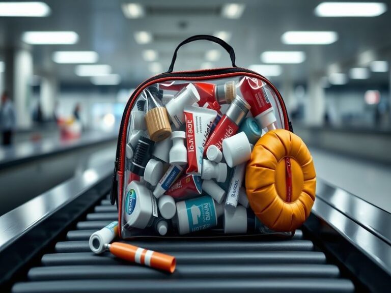 A split-screen image: On the left, a traveler holds a clear quart-sized zip-top bag filled with travel-sized liquids. On the