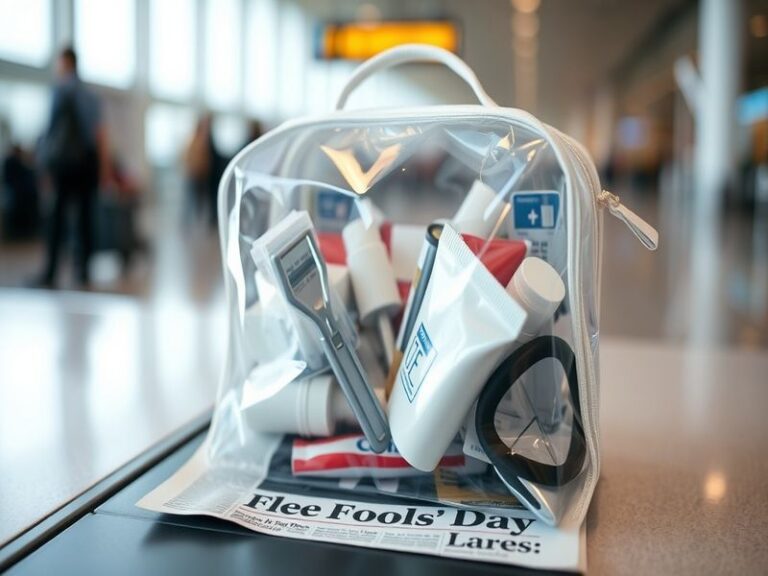 A chaotic airport terminal scene with travelers holding clear plastic bags and suitcases, mixed with meme-style text overlays
