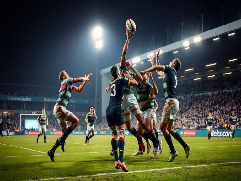 A dynamic action shot of the Northampton vs Castres match at Franklin’s Gardens, featuring players in mid-tackle, with the st