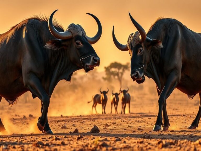 A dramatic scene of an African buffalo standing alert next to a white rhino in tall grass, with the setting sun casting long
