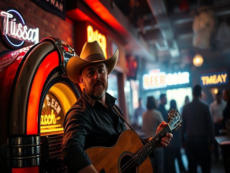 A vibrant concert photo of Zach Bryan performing on stage in Tulsa, Oklahoma. The image captures his raw, emotional delivery,
