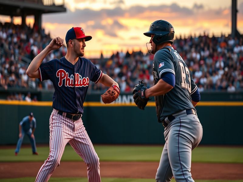 A split-screen image: left side shows Phillies players in red pinstripes on a bright Philadelphia day; right side shows Rocki