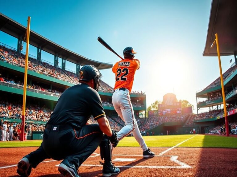 A vibrant baseball stadium scene with the Baltimore Orioles and Pittsburgh Pirates logos prominently displayed on the field a