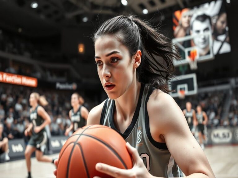 Nika Mühl in mid-play, dribbling past a defender in a UConn uniform, with a focused expression and blurred background showing
