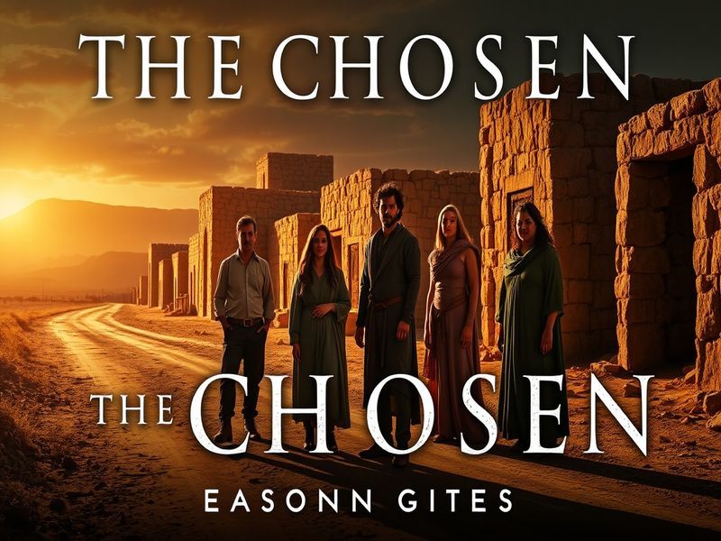 A cinematic promotional image of The Chosen set in ancient Judea, featuring the main cast in period costumes against a dramat