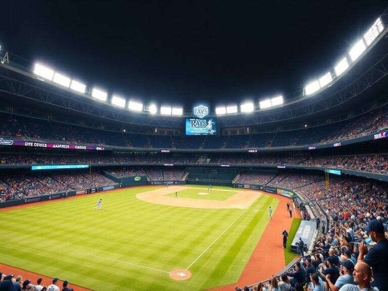 A vibrant shot of Tropicana Field during a night game, showcasing the stadium's dome, illuminated field, and a packed crowd u