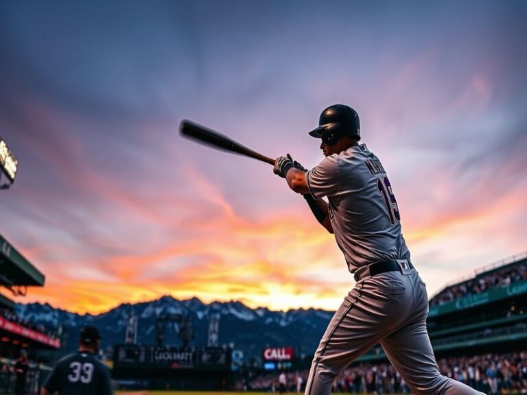 A split-screen image showing a Colorado Rockies player hitting a home run at Coors Field under bright stadium lights on one s
