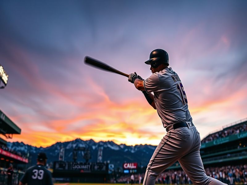 A split-screen image showing a Colorado Rockies player hitting a home run at Coors Field under bright stadium lights on one s