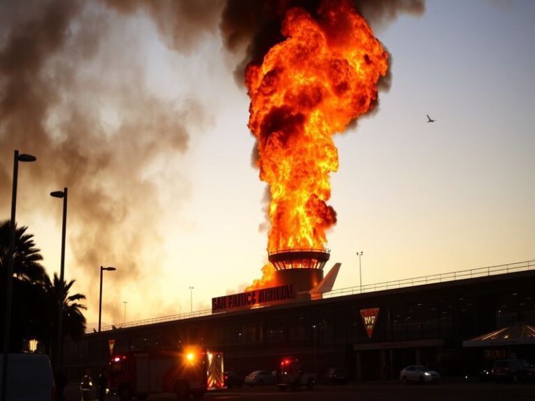 Aerial view of SFO airport with emergency response teams managing a ground vehicle fire near Terminal G, smoke visible but co