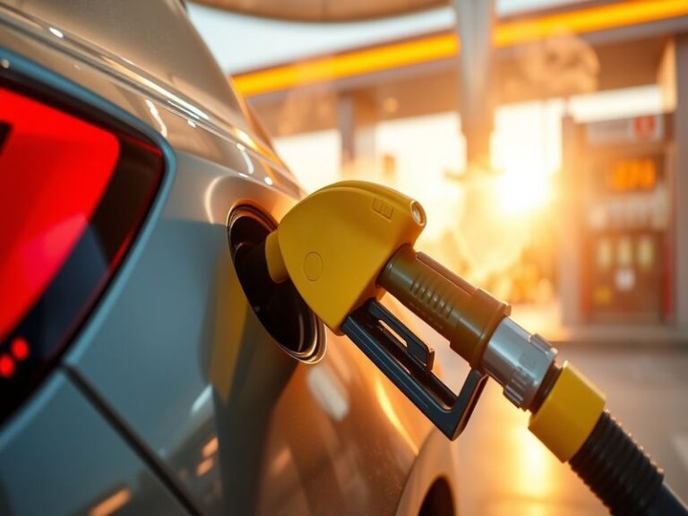 A well-lit gasoline station at dusk with multiple fuel pumps, a car refueling, and a digital price sign displaying fuel costs