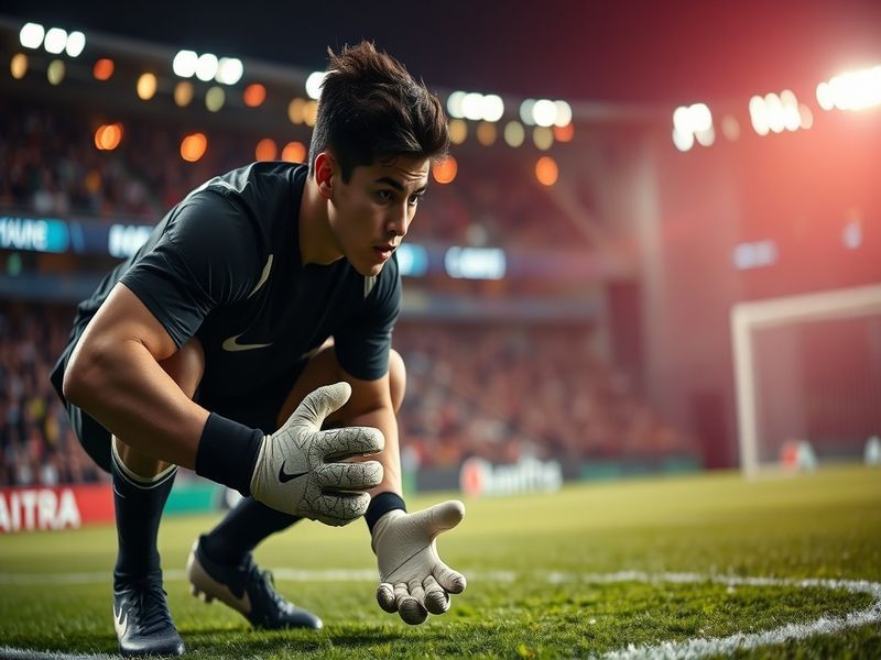 A dynamic action shot of Gabriel Arias in a San Jose Earthquakes goalkeeper jersey, mid-save during an MLS match, with the st