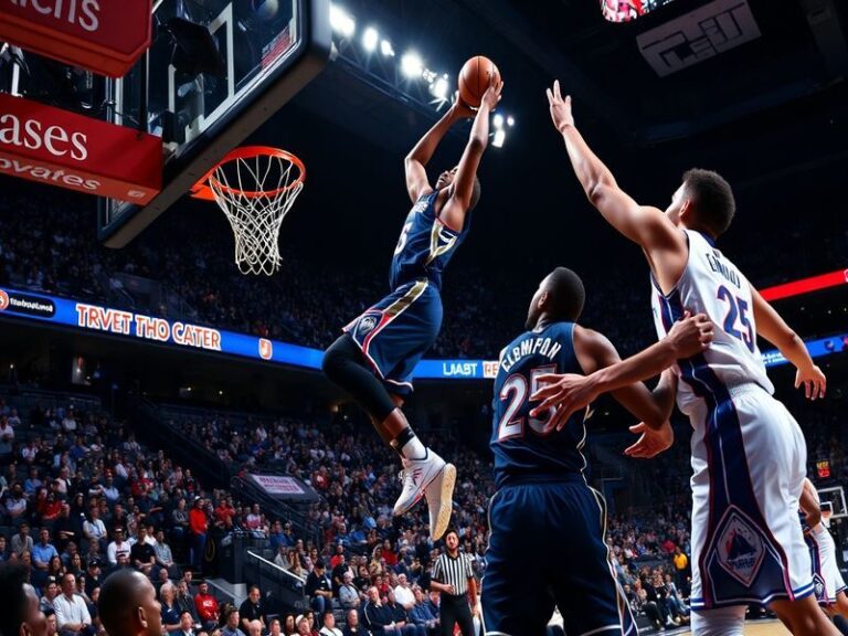 A dynamic action shot of Anthony Edwards driving to the basket against Joel Embiid in a close Timberwolves vs 76ers game, wit