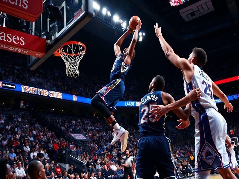 A dynamic action shot of Anthony Edwards driving to the basket against Joel Embiid in a close Timberwolves vs 76ers game, wit