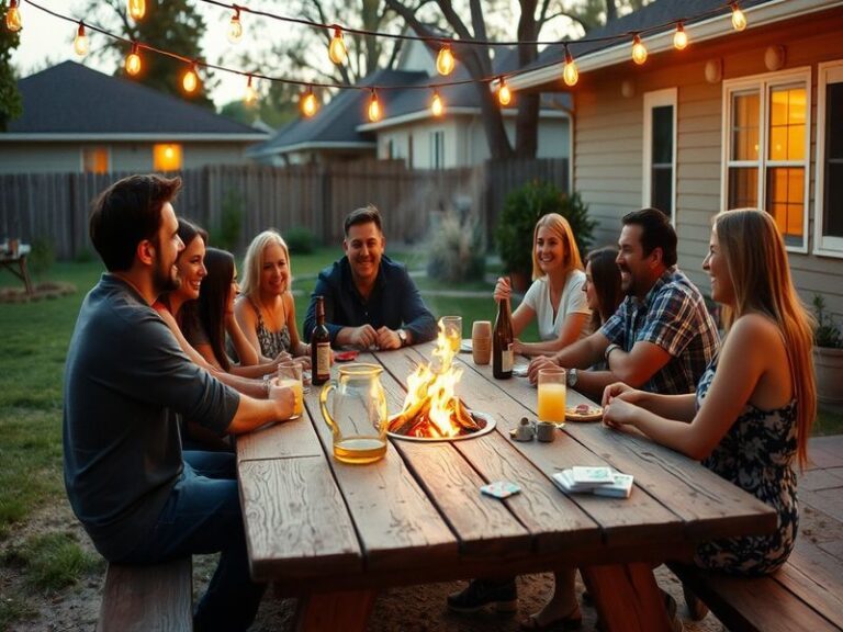 A diverse group of neighbors laughing together in a cozy living room setting, with warm lighting and modern decor. The mood i