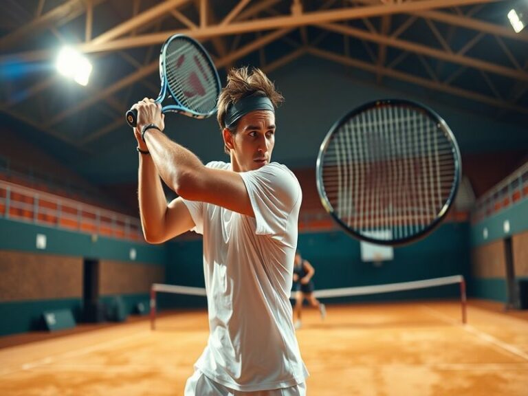 A junior tennis player in mid-match action, demonstrating unorthodox form with a coach observing in the background. The setti