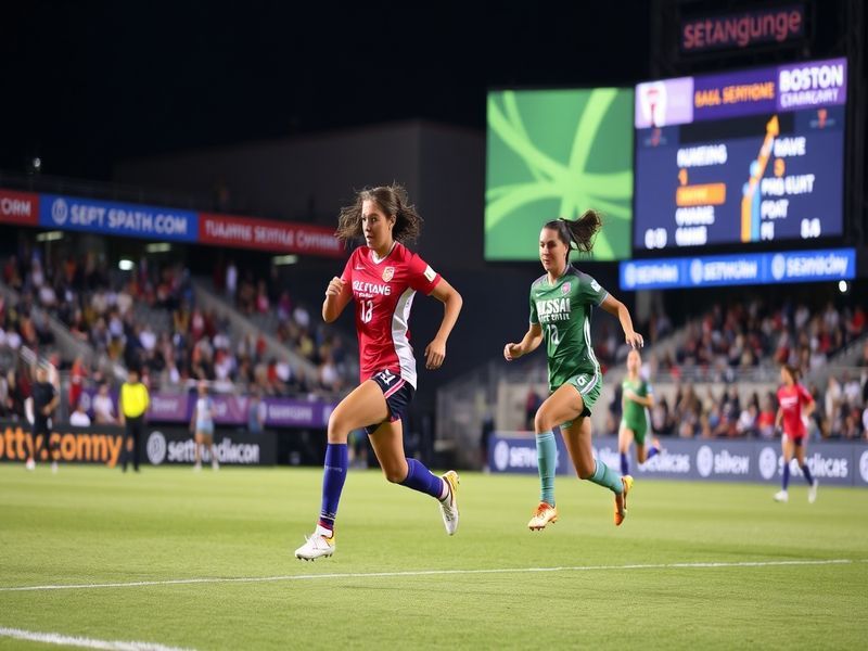 A dynamic action shot of a San Diego Wave player in blue and gold competing against a Boston Legacy player in white and black