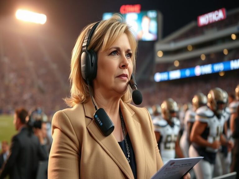 Holly Rowe in a bright ESPN jacket, standing on a college basketball court during a game, holding a microphone. She is smilin