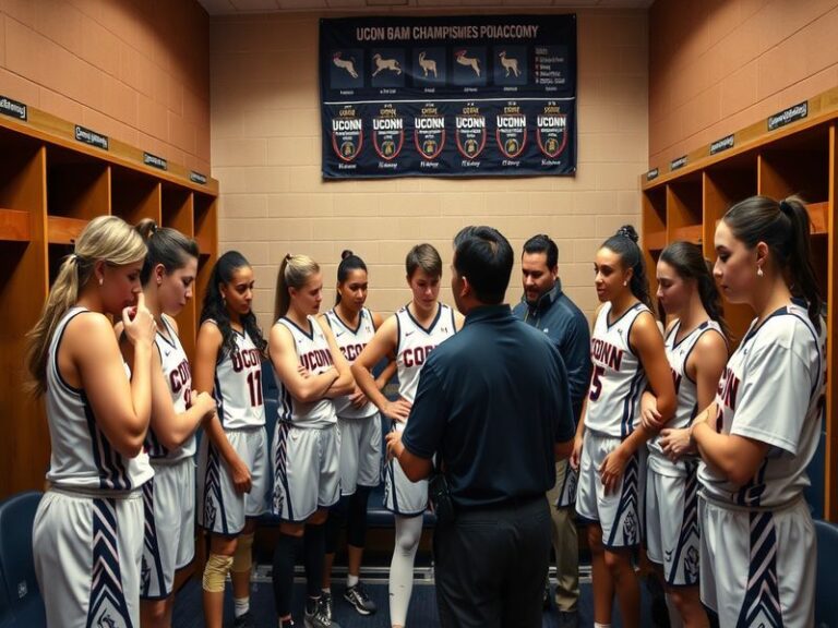 A dynamic action shot of the UConn women's basketball team during a game, featuring Paige Bueckers and Azzi Fudd in their nav