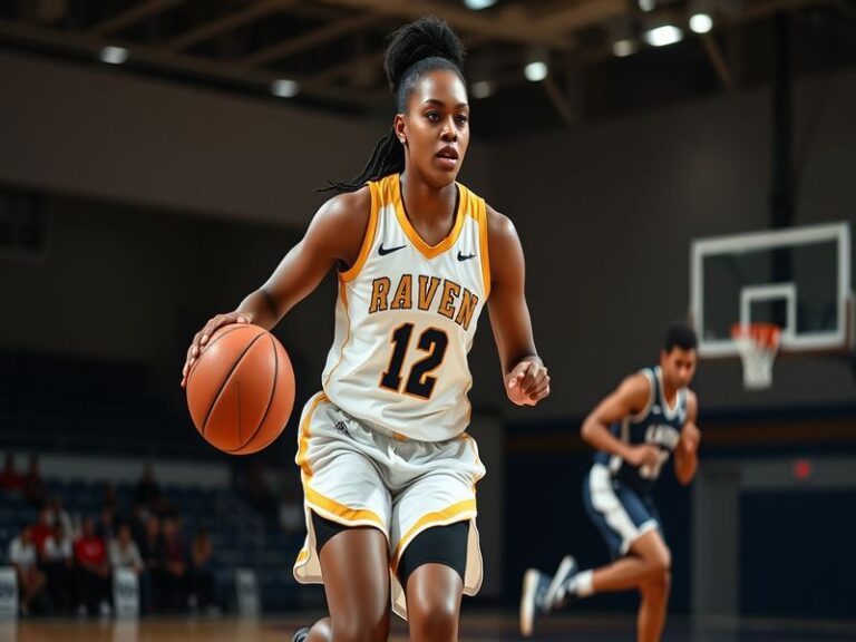 A dynamic action shot of Raven Johnson in a Gamecocks uniform, mid-dribble on an outdoor court, with a diverse crowd in the b