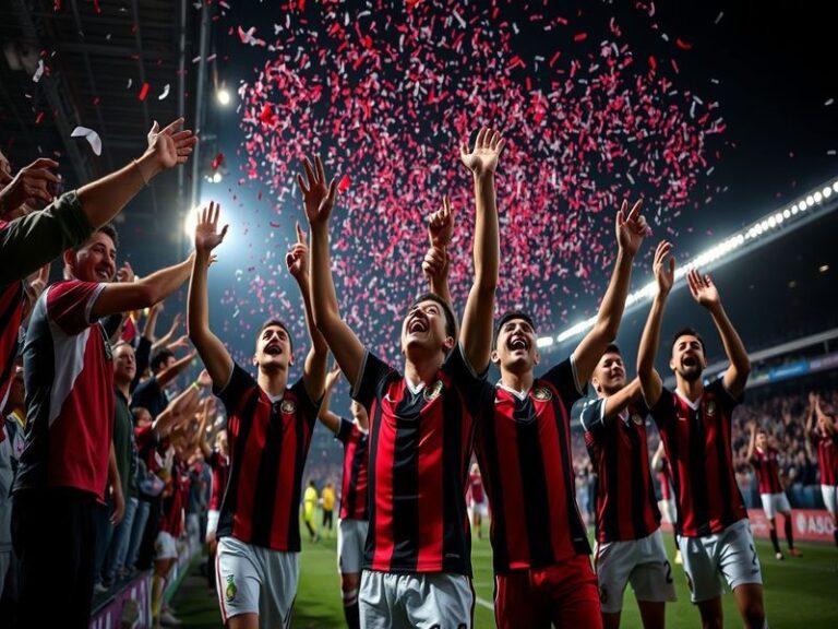 A vibrant stadium scene at Castelão in Fortaleza, featuring Fortaleza players in blue and white celebrating a goal, with Inte