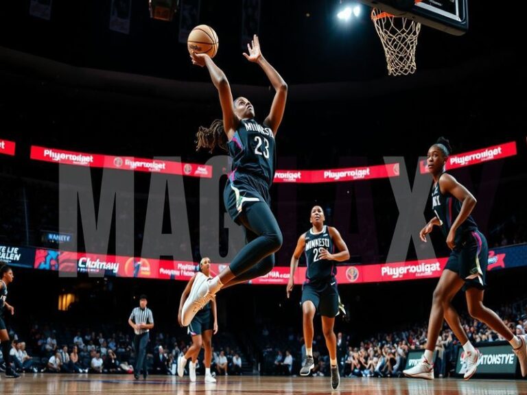 A split-image composition: on the left, Maya Moore in her WNBA Lynx jersey mid-game, intense and focused; on the right, Moore