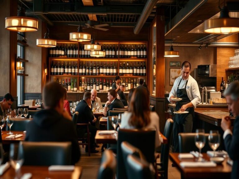 A vibrant, bustling street scene featuring diverse restaurants with neon signs, outdoor seating, and people dining under stri