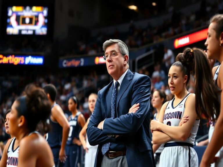 A dynamic action shot of the UConn women's basketball team in their navy-and-white uniforms during a game, with Coach Geno Au
