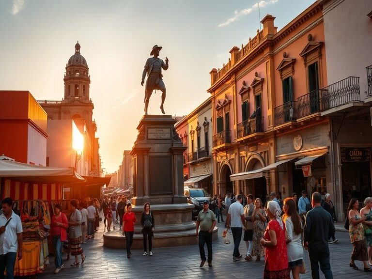 A split-image photograph: on the left, Puebla’s historic Zócalo with the Puebla Cathedral at dusk, featuring colonial archite