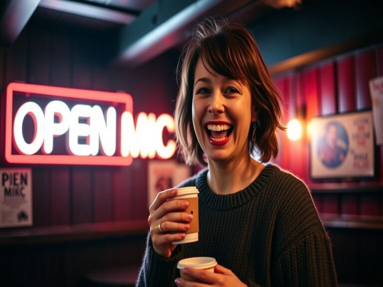 A mid-career portrait of Rachel Dratch in a bright, retro TV studio setting, wearing a bold patterned blazer, laughing with h