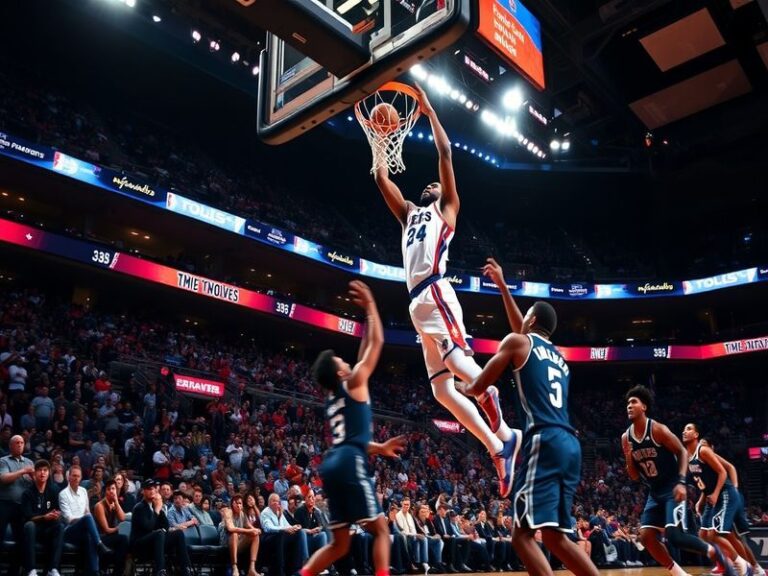 A dynamic NBA game photo featuring Anthony Edwards and Joel Embiid in mid-air during a high-stakes matchup, with the Target C