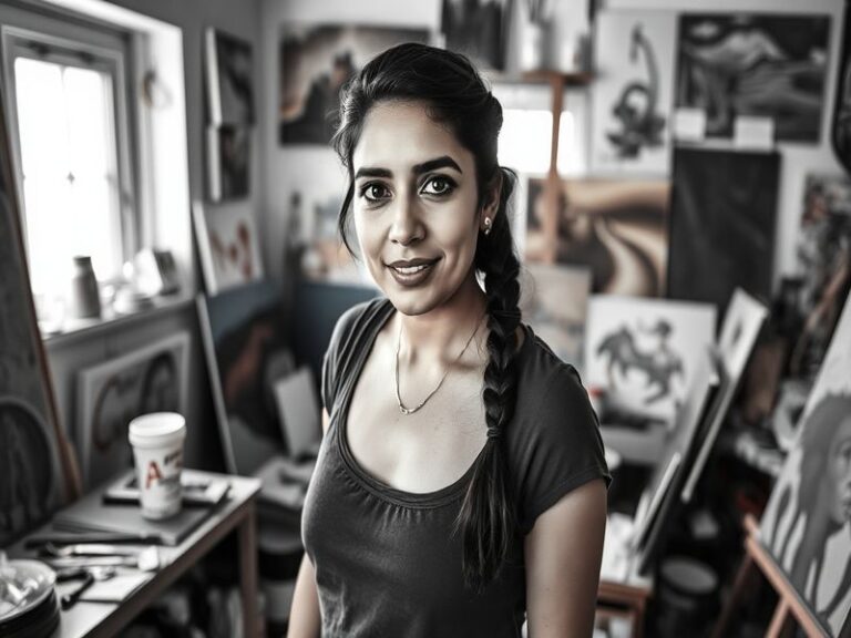 A vibrant studio scene of Blanca Quiñonez working on a large woven textile piece, surrounded by traditional Oaxacan textiles