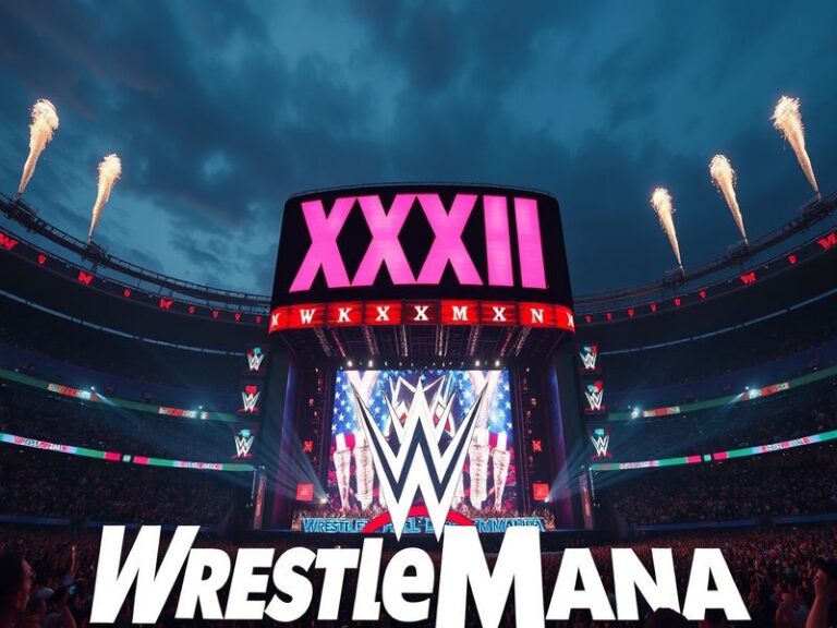 A vibrant arena interior at night, filled with neon lights, pyrotechnics, and a giant WrestleMania stage set against a packed